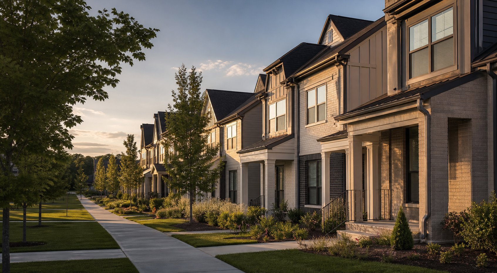 Newer townhomes along a landscaped Gallatin-area streetscape