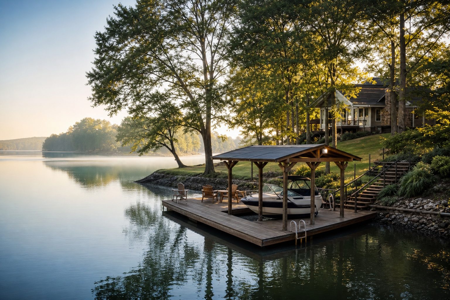 Lakeside home and dock on calm Old Hickory Lake