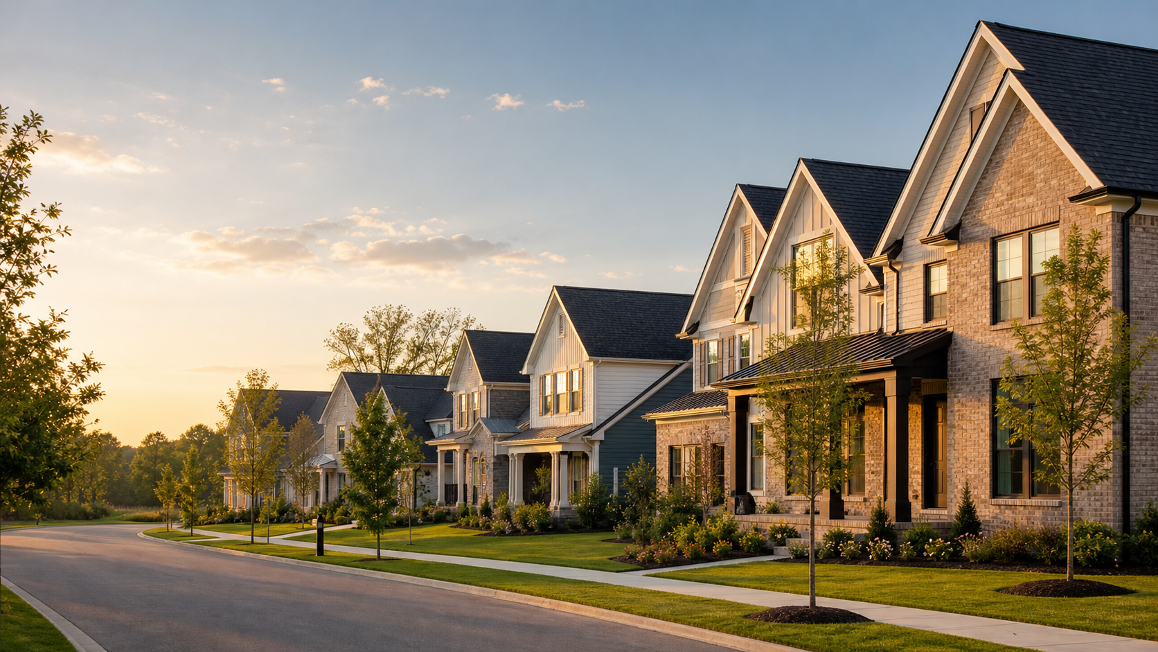 New construction homes along a landscaped Gallatin, Tennessee streetscape