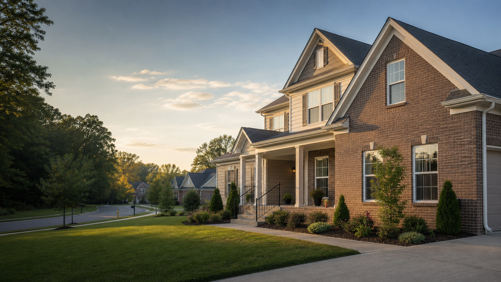Newly listed brick home in a Gallatin, Tennessee neighborhood at sunrise